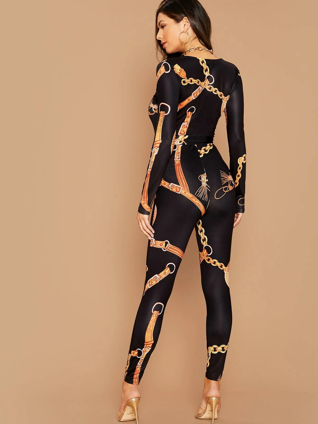 Chain Print Belted Unitard Jumpsuit