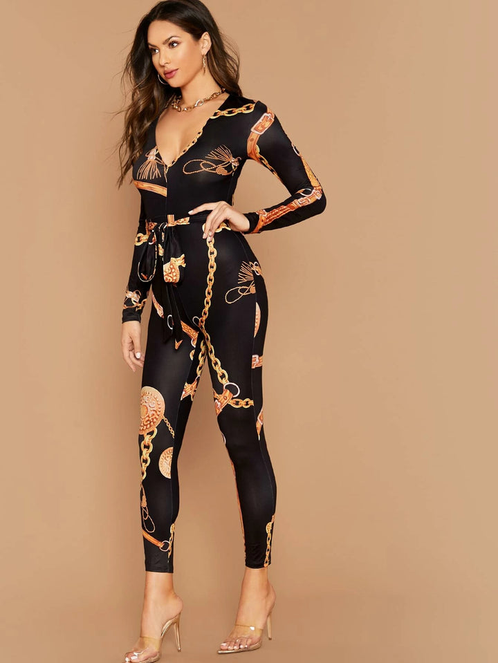 Chain Print Belted Unitard Jumpsuit