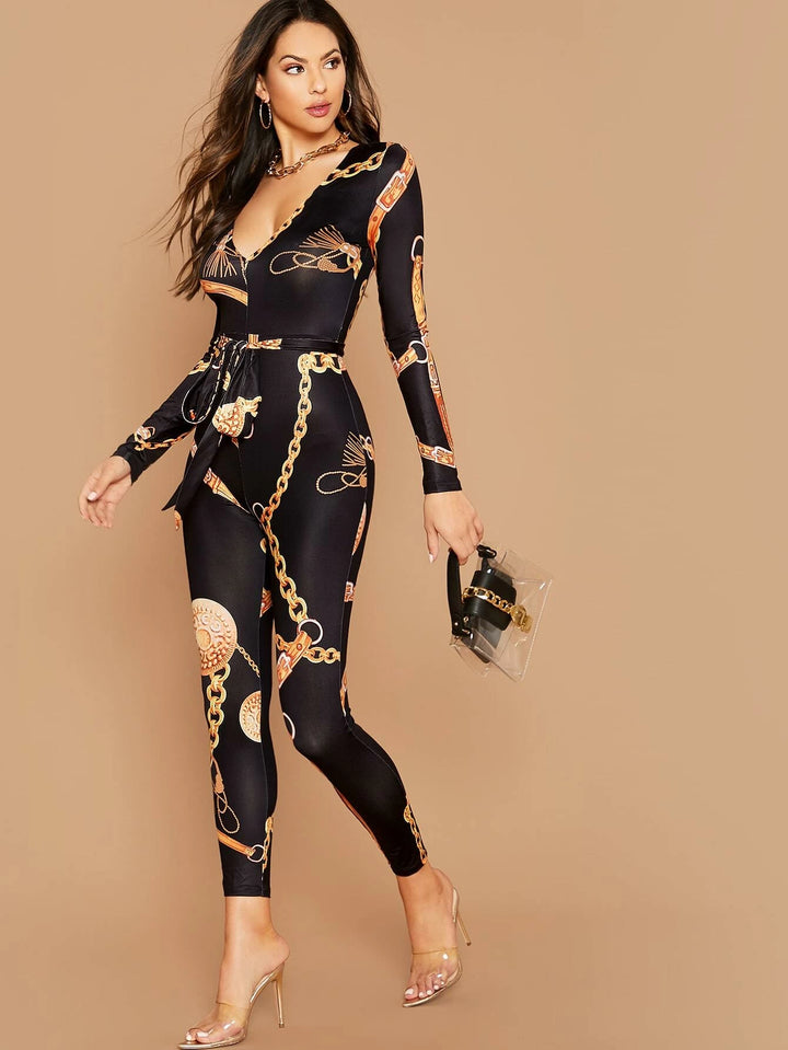 Chain Print Belted Unitard Jumpsuit