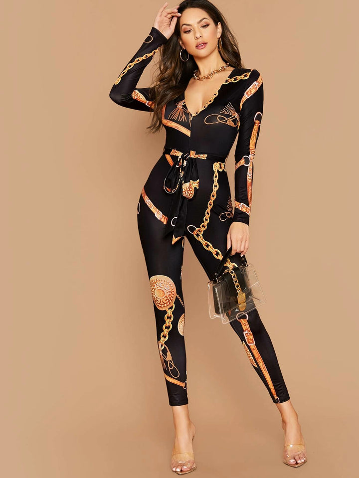 Chain Print Belted Unitard Jumpsuit