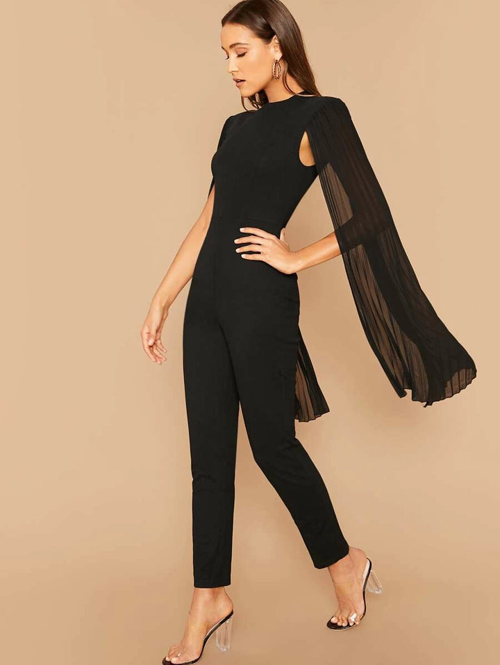 Solid Pleated Cape Jumpsuit