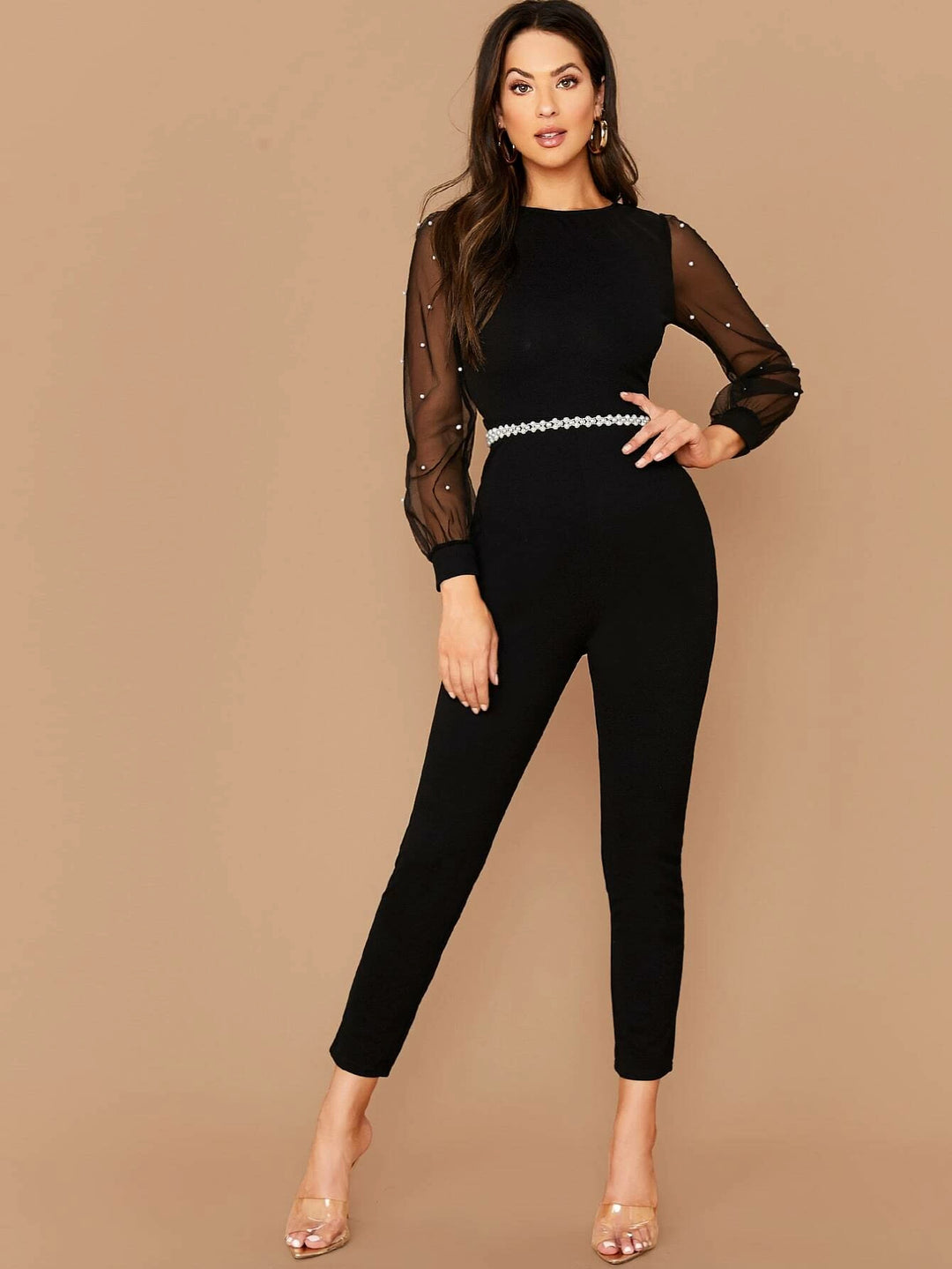 Pearls Contrast Mesh Sleeve Jumpsuit