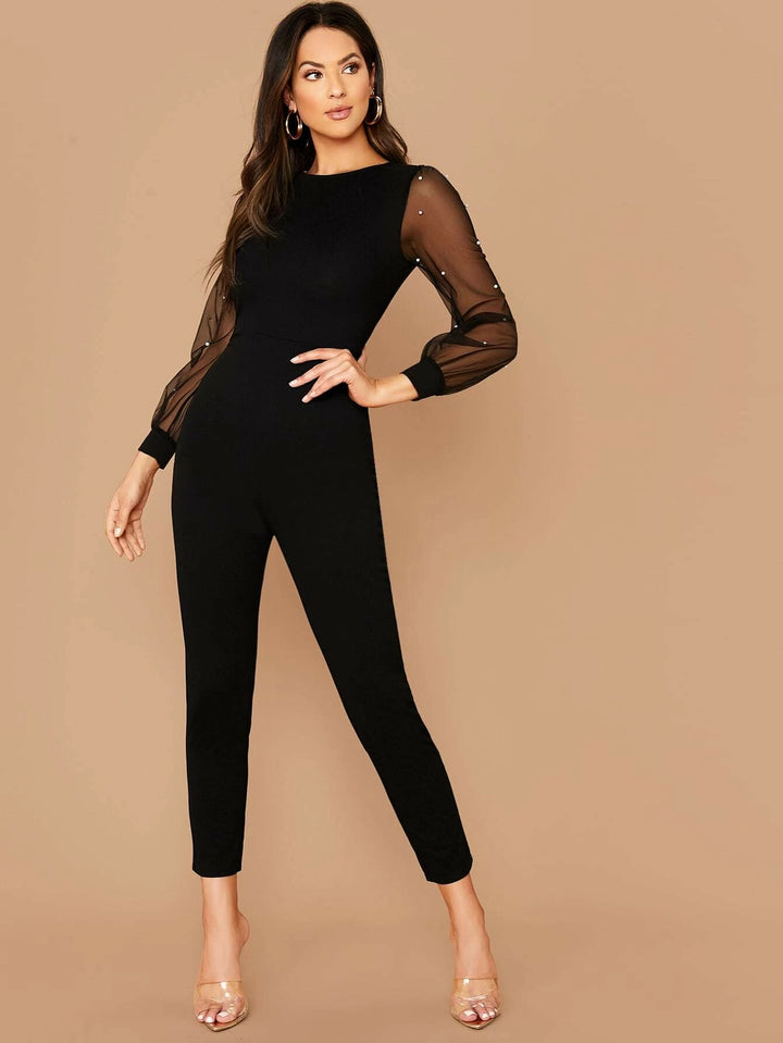 Pearls Contrast Mesh Sleeve Jumpsuit