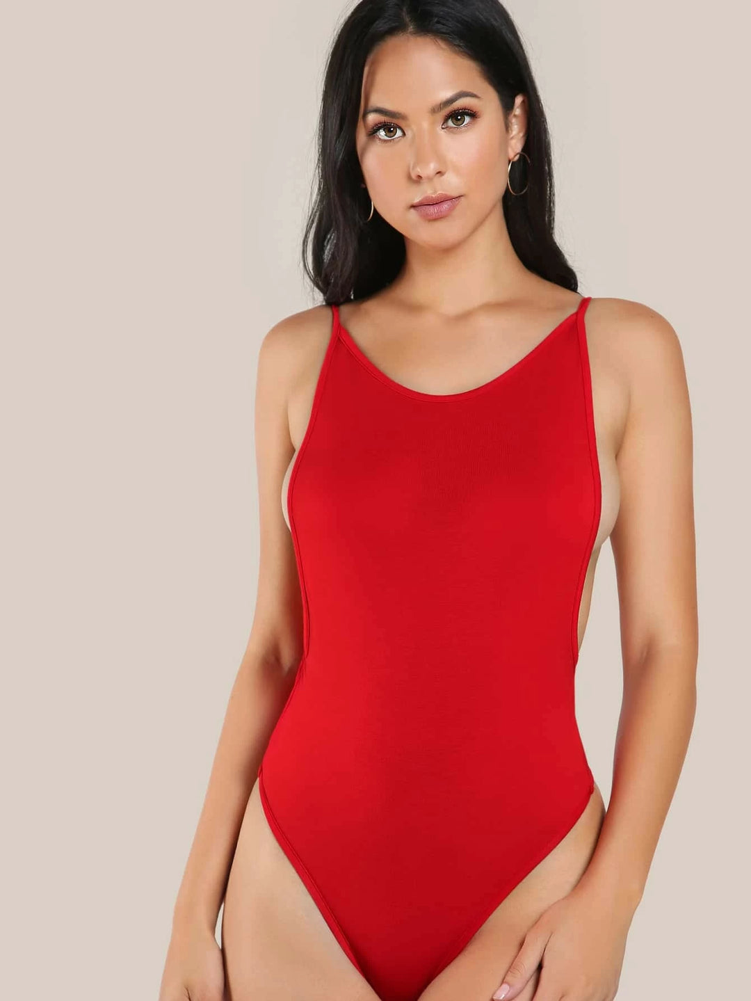 Solid Dropped Armholes Cami Thong Bodysuit
