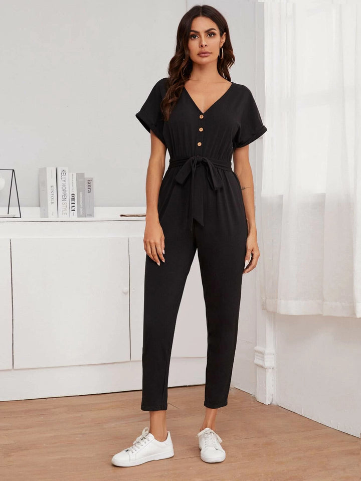 Buttoned Front Belted Short Sleeve Jumpsuit