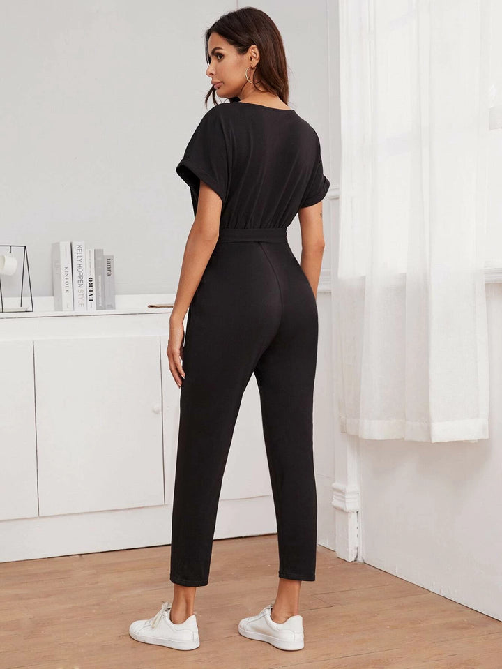 Buttoned Front Belted Short Sleeve Jumpsuit