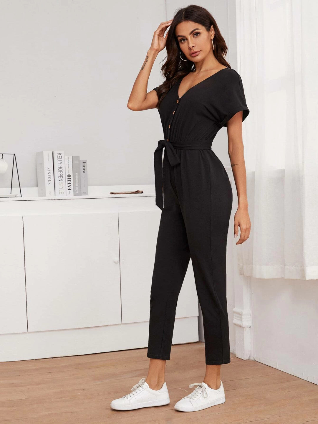 Buttoned Front Belted Short Sleeve Jumpsuit