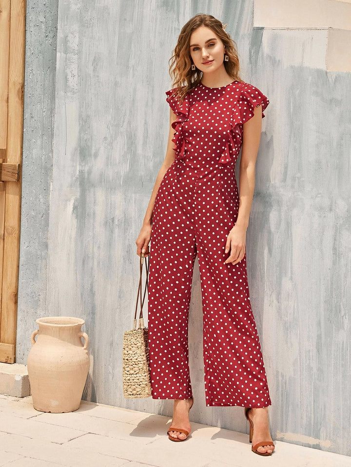 Gepunkteter Palazzo-Jumpsuit mit gerüschtem Armloch