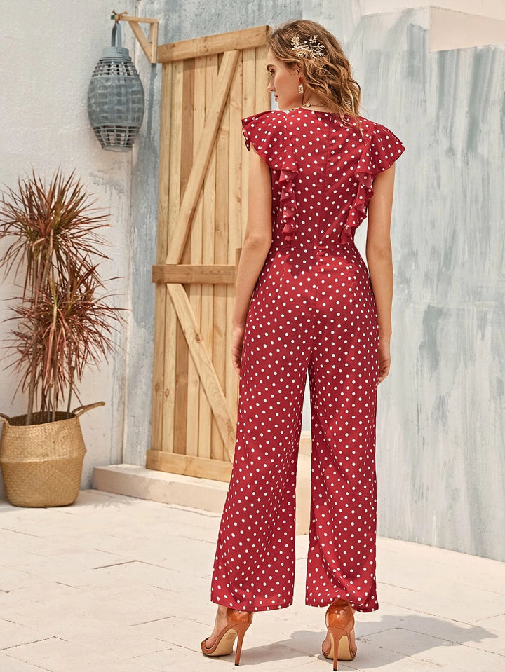 Gepunkteter Palazzo-Jumpsuit mit gerüschtem Armloch