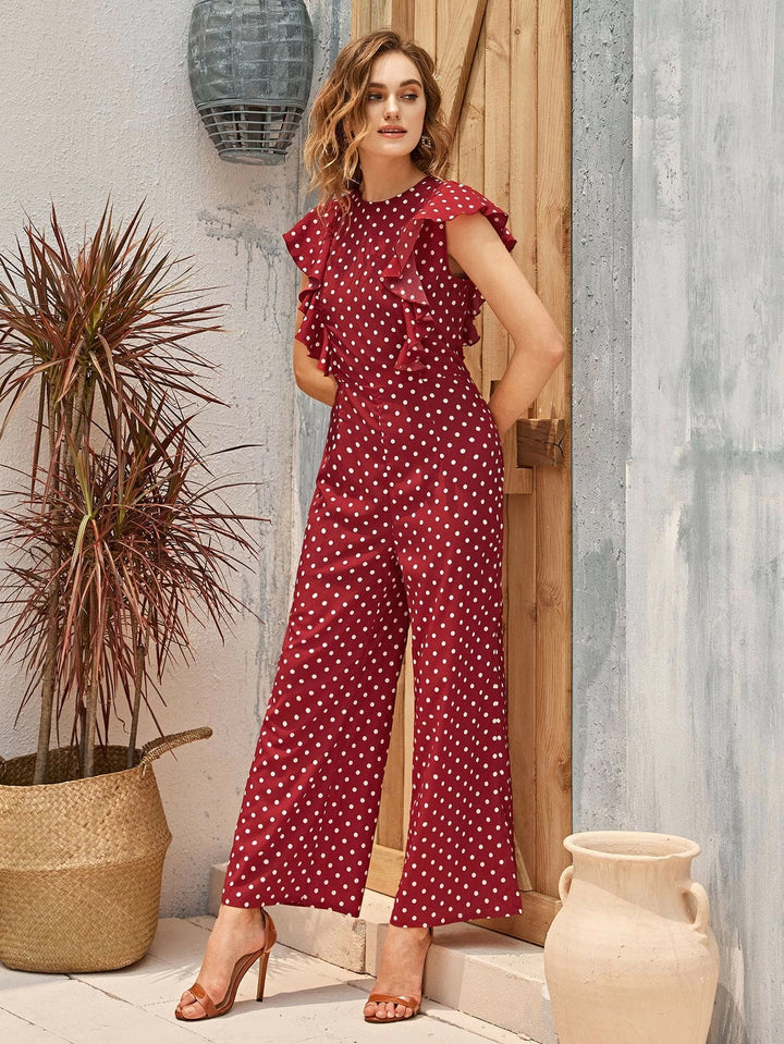 Gepunkteter Palazzo-Jumpsuit mit gerüschtem Armloch