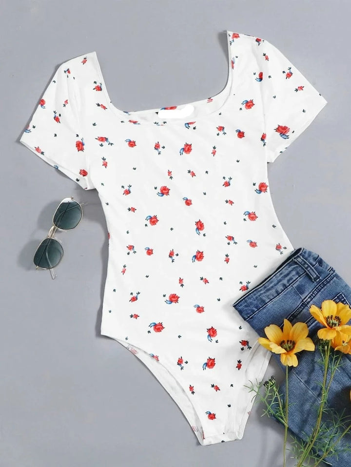 Scoop Neck Floral Print Bodysuit