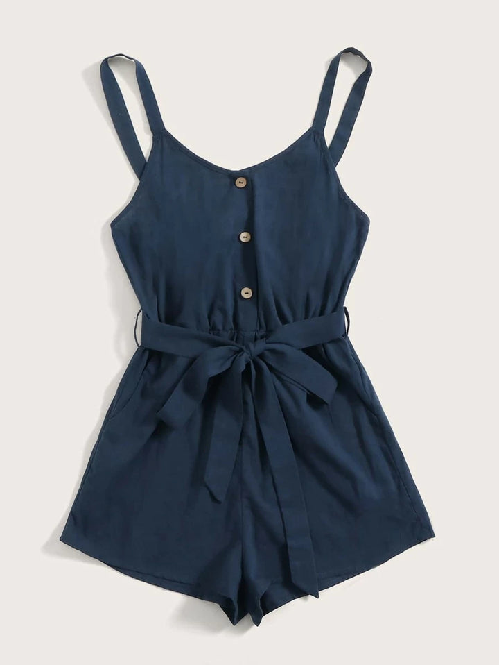 Button Front Wide Leg Belted Cami Romper