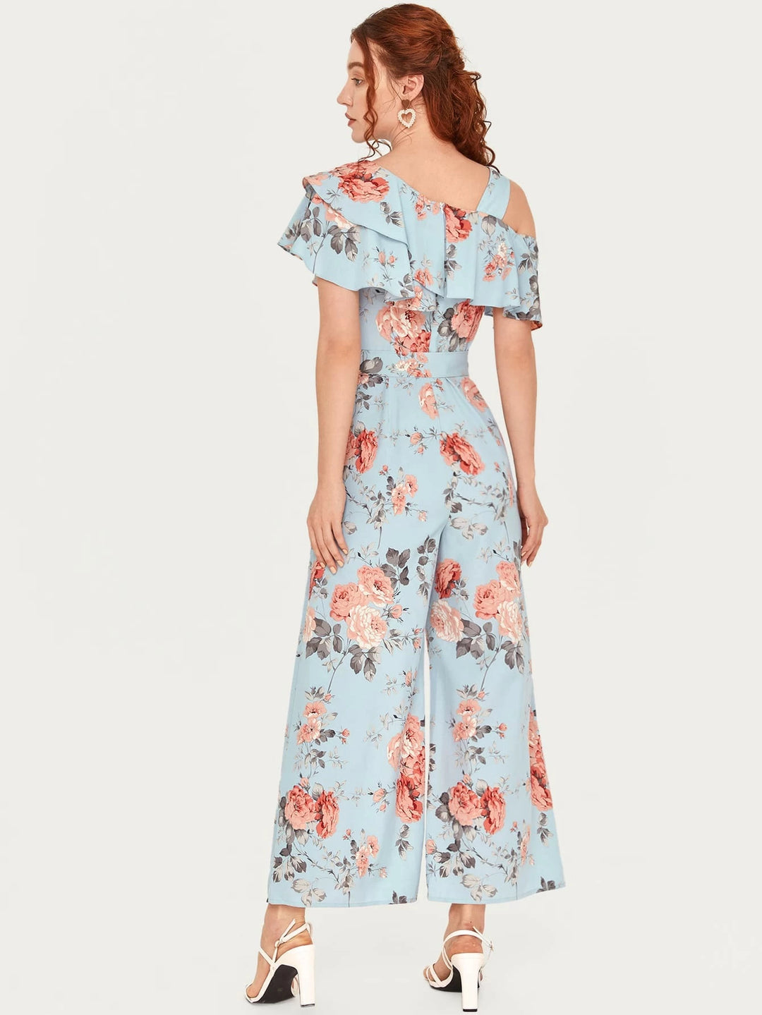 Floral Pattern Ruffled Belted Jumpsuit