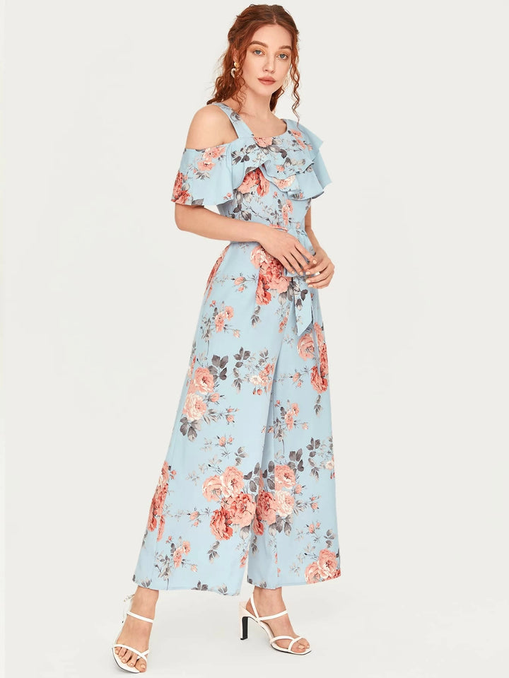 Floral Pattern Ruffled Belted Jumpsuit