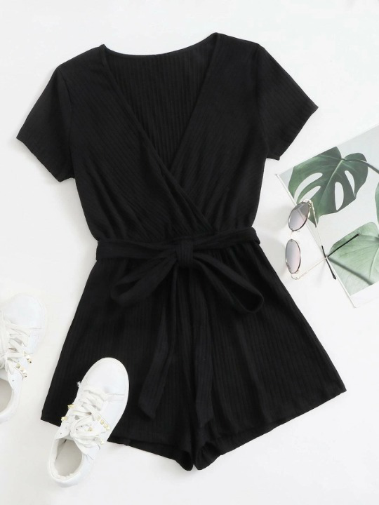 Neck Rib-knit Belted Romper