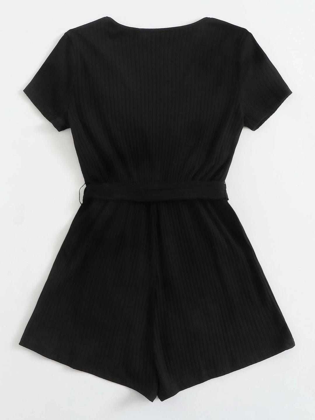 Neck Rib-knit Belted Romper