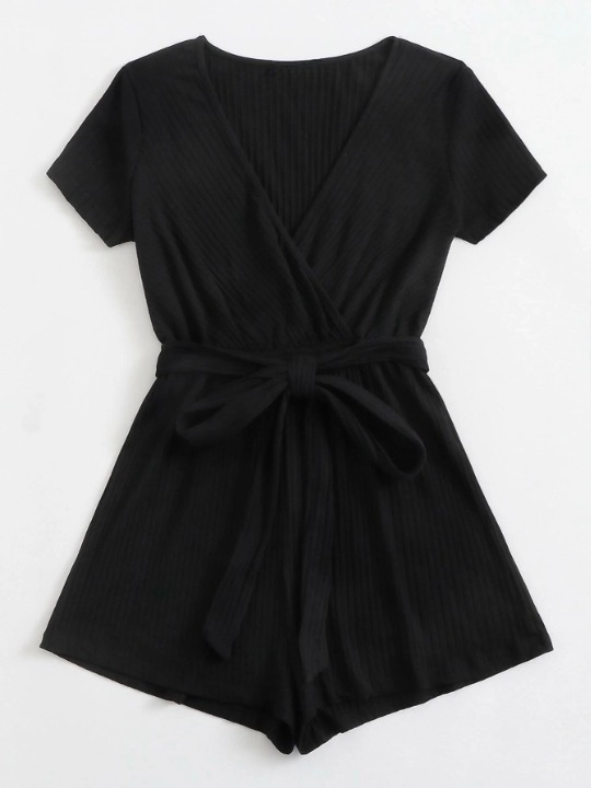 Neck Rib-knit Belted Romper