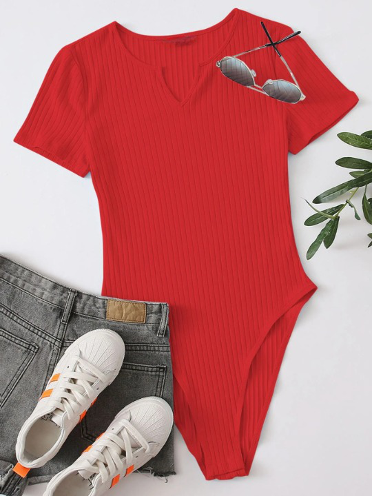 Notched Neck Rib-knit Bodysuit