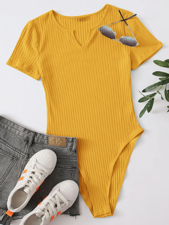 Notched Neck Rib-knit Bodysuit