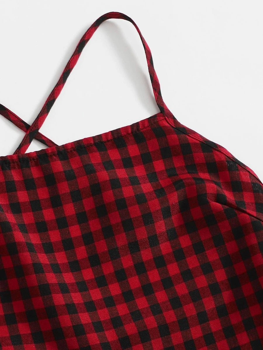 Lace-up Open Back Buffalo Plaid Cami Romper