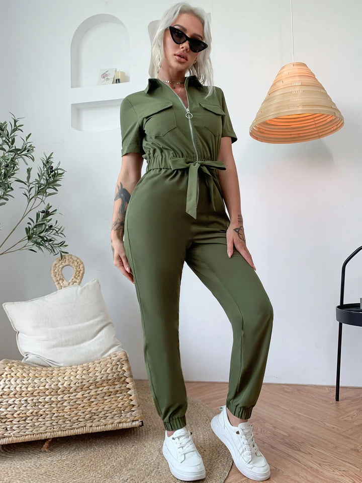 Flap Pocket Belted Front Knot Jumpsuit