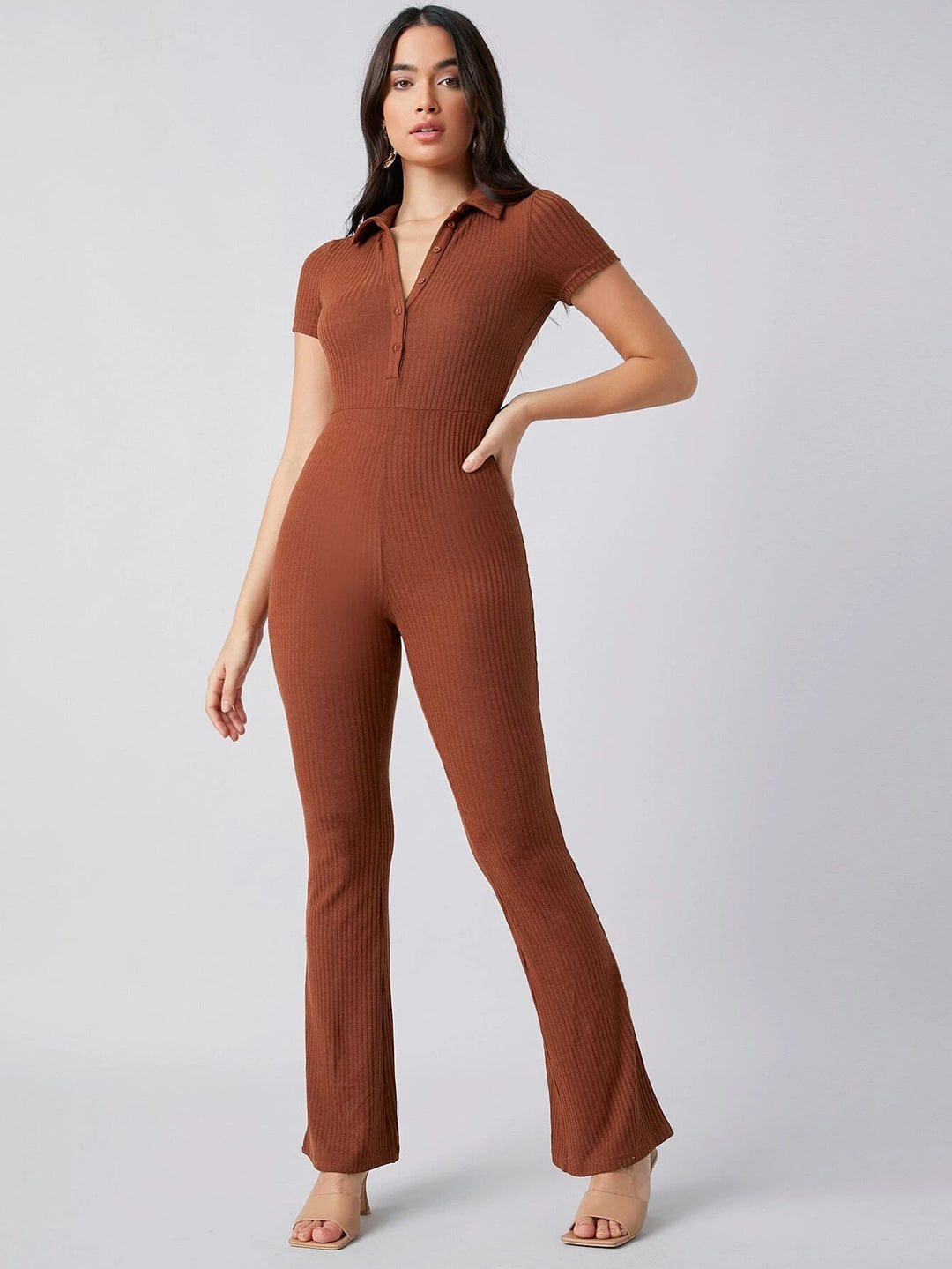 Button Front Rib-knit Solid Jumpsuit