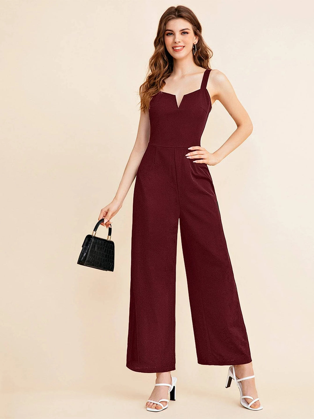 Notch Neck Solid Slip Jumpsuits