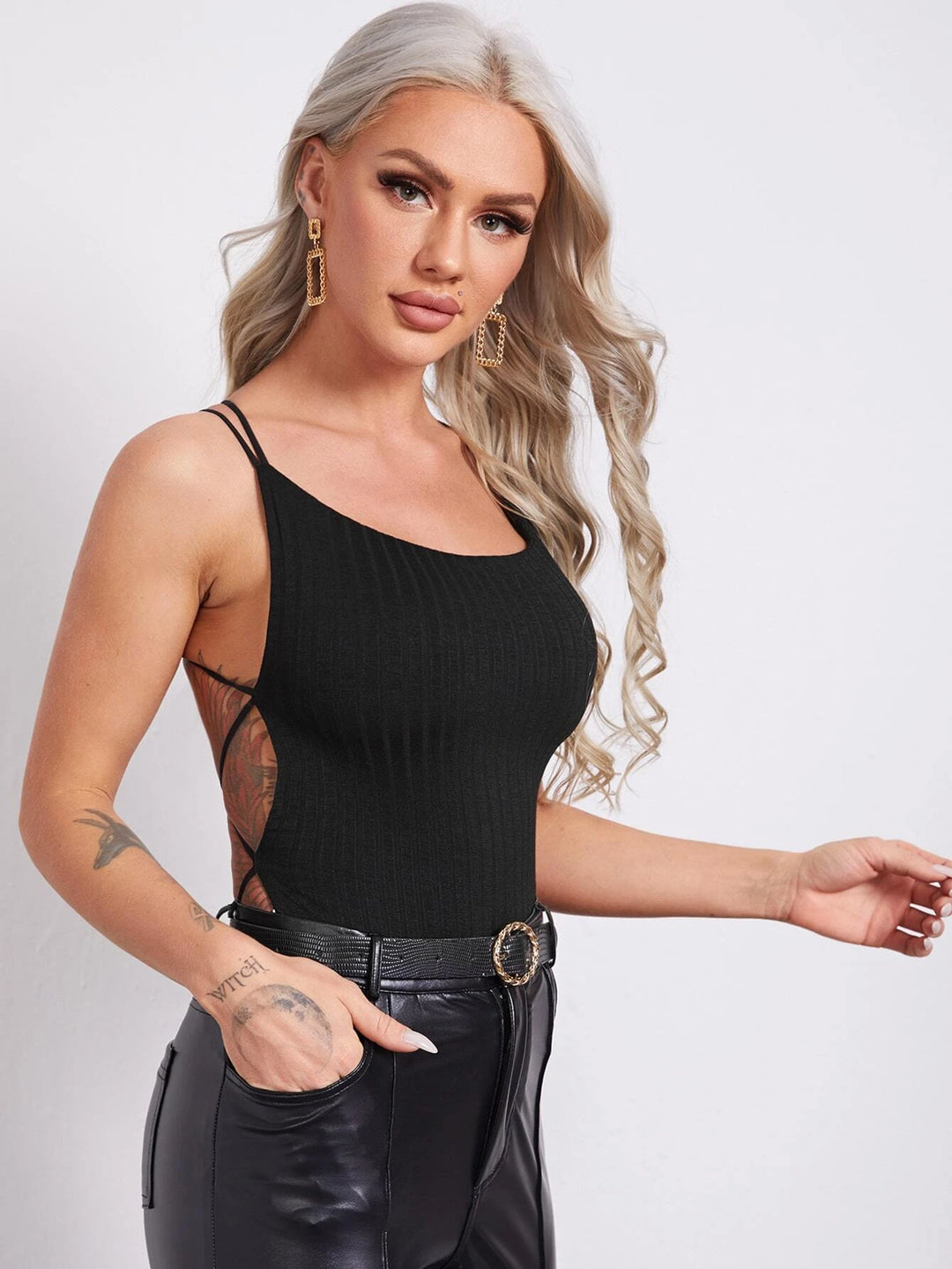 Criss Cross Backless Rib-knit Bodysuit