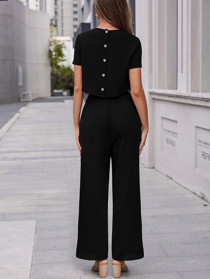 Einfarbiger Jumpsuit mit geknöpfter Taille hinten 