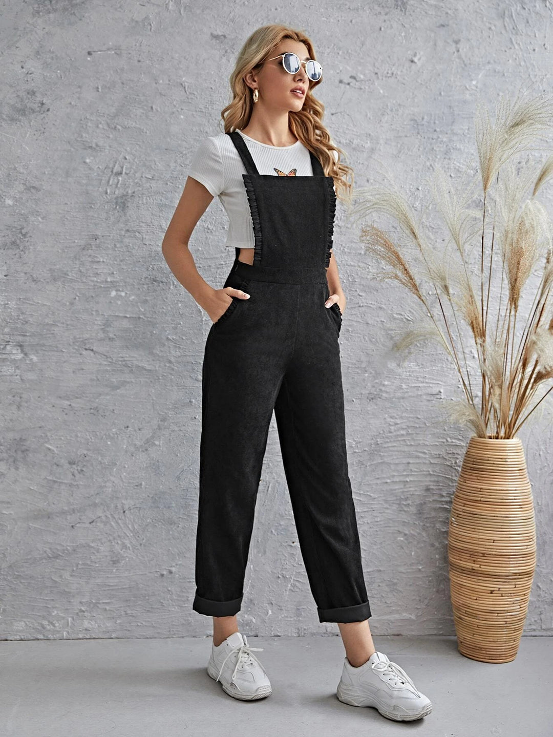 Sleeveless Pocket Front Cord Overalls