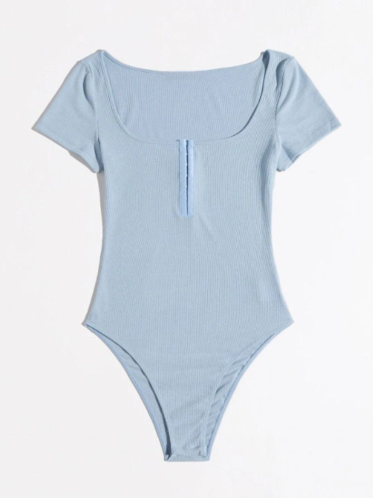 Scoop Neck Half Hook and Eye Placket Solid Bodysuit