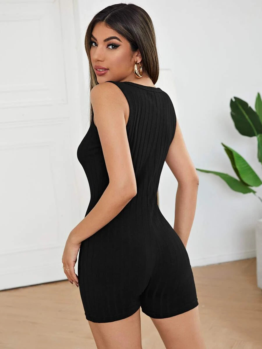 Notched Neck Solid Unitard Romper