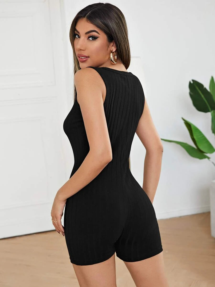 Sleeveless Notched Neck Solid Unitard Romper