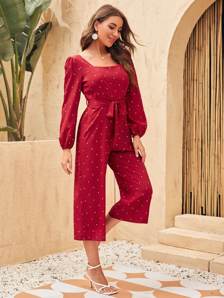 Square Neck Polka Dot Belted Culotte Jumpsuit