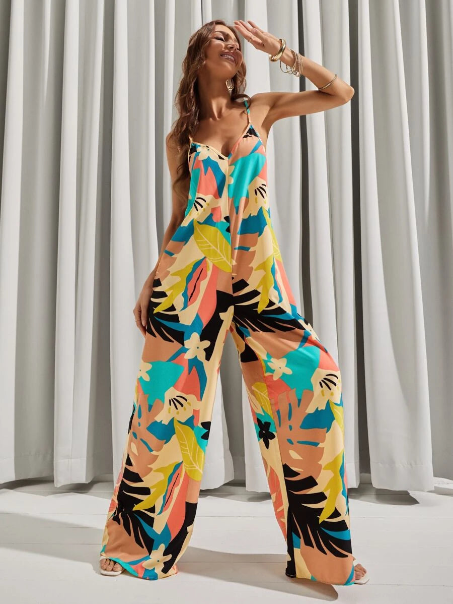 Backless All Over Print Wide Leg Cami Jumpsuit