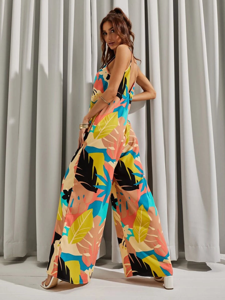 Backless All Over Print Wide Leg Cami Jumpsuit