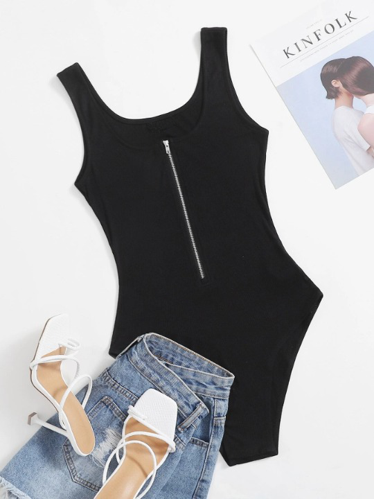 Zipper Front Rib-knit Tank Bodysuit