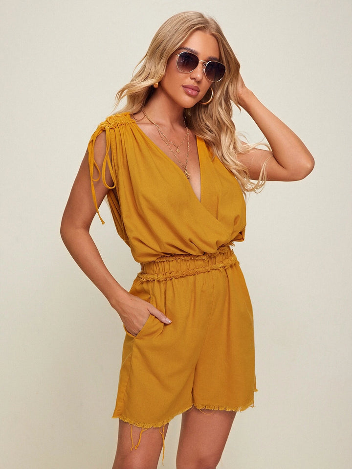 Neck Drawstring Ruched Shoulder Elastic Waist Romper