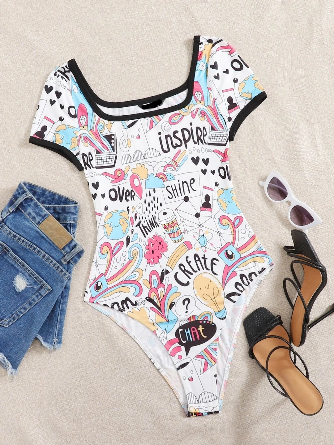 Contrast Binding Letter And Cartoon Graphic Bodysuit