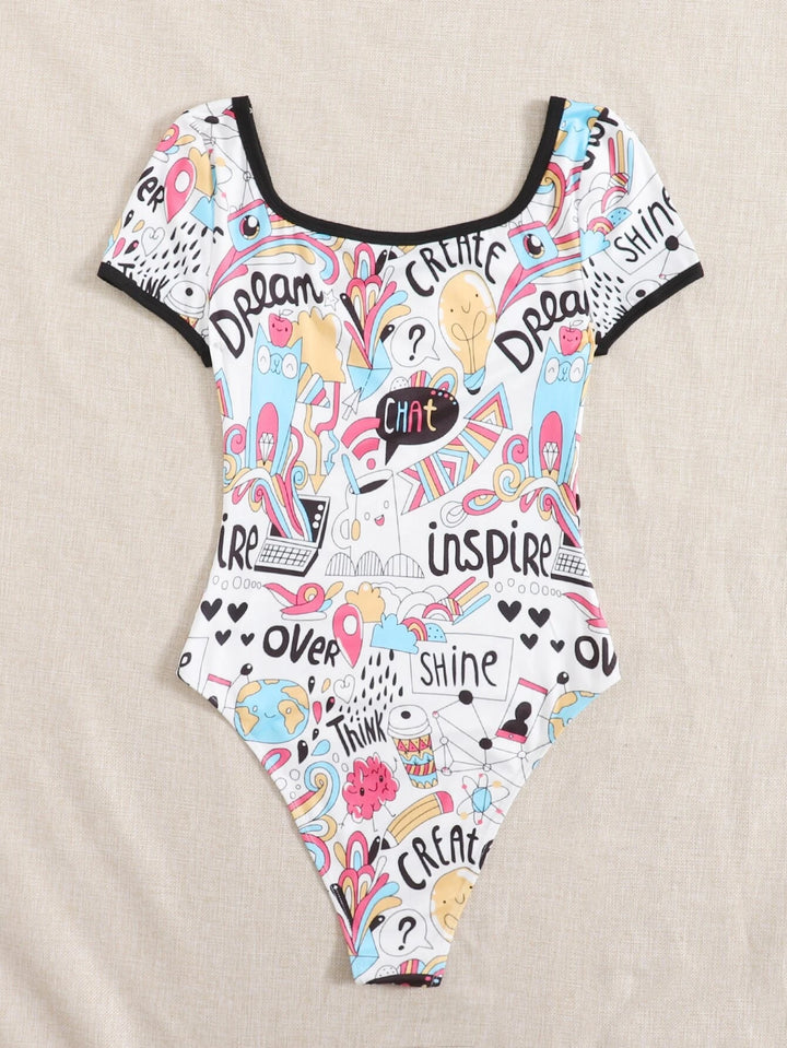 Contrast Binding Letter And Cartoon Graphic Bodysuit