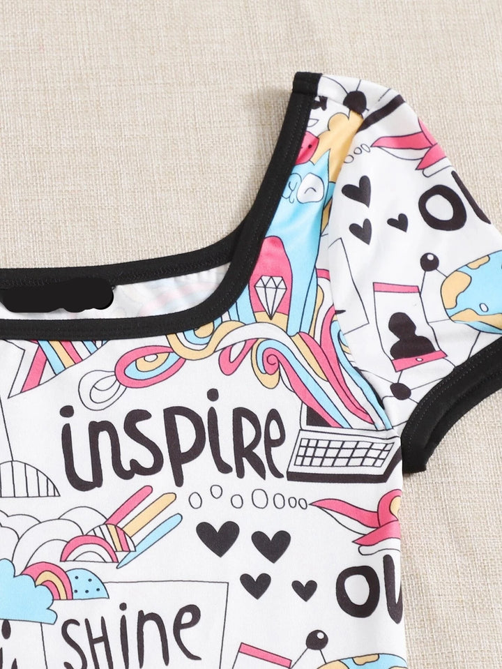 Contrast Binding Letter And Cartoon Graphic Bodysuit