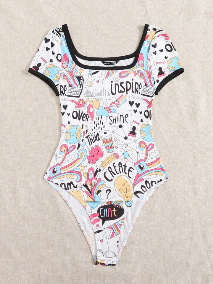 Contrast Binding Letter And Cartoon Graphic Bodysuit