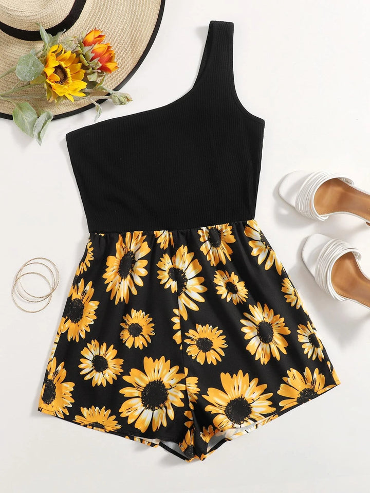 One-Shoulder-Strampler mit Sonnenblumen-Print