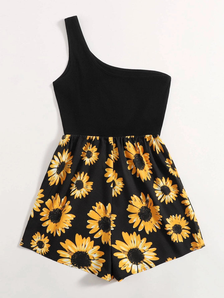 One Shoulder Sunflower Print Romper