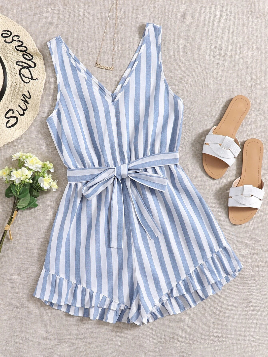 Ruffle Hem Self Belted Striped Romper