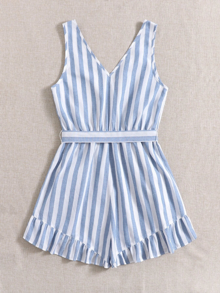 Ruffle Hem Self Belted Striped Romper