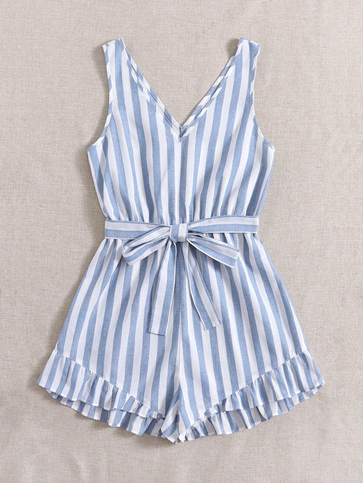 Ruffle Hem Self Belted Striped Romper