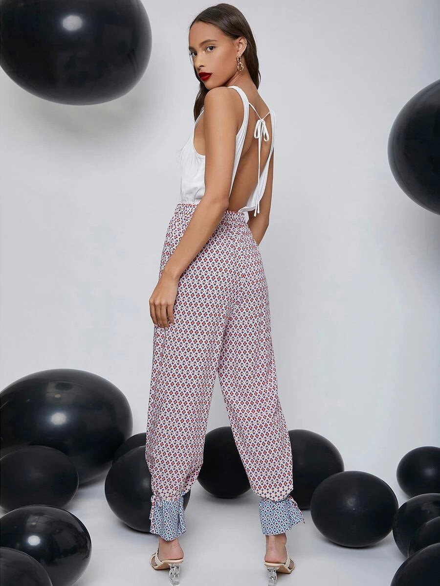 All Over Print Tied Backless Tank Jumpsuit