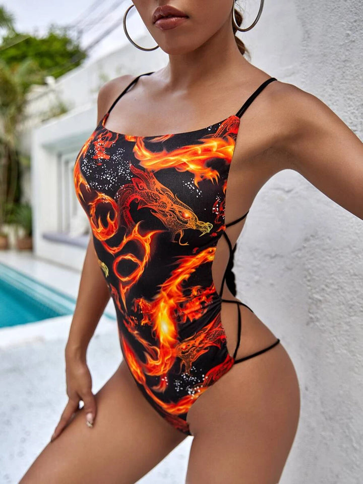 Fire Dragon Print Crisscross Backless Slip Bodysuit