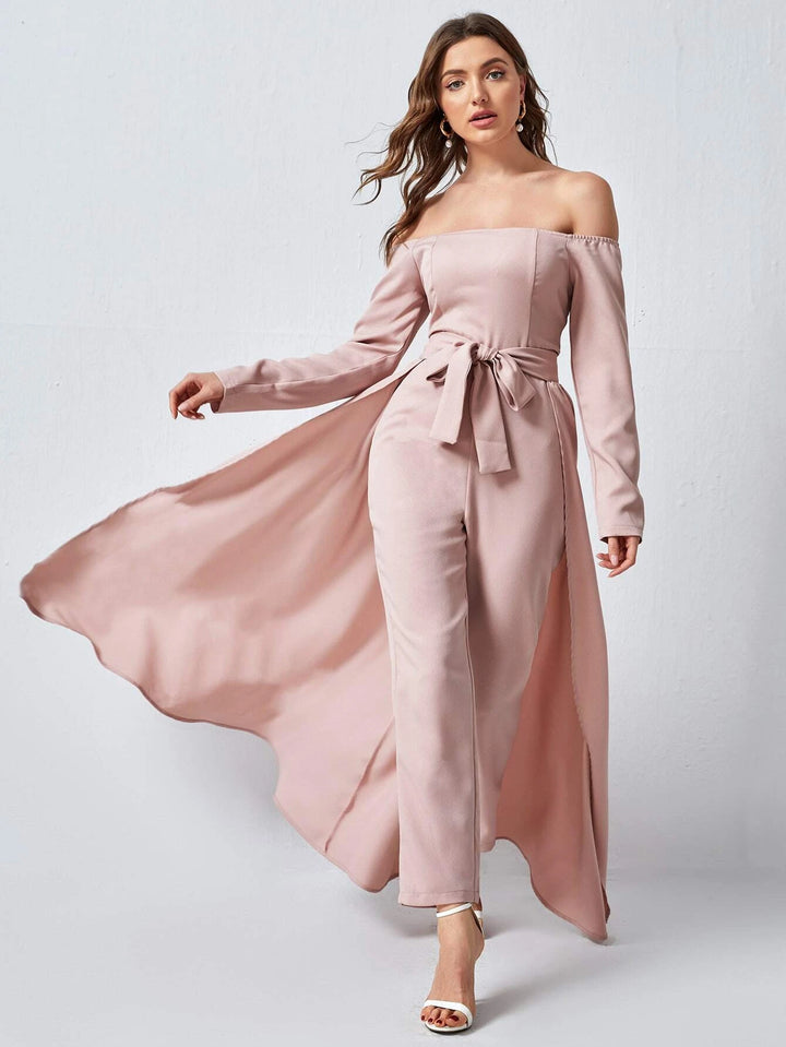 Off Shoulder Belted Jumpsuit With Skirt